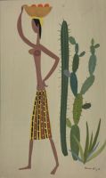 28 - Fruchtkorbtraegerin und Kaktusse - 1957 - 28.5 x 17 - Gouache auf Papier - Signiert